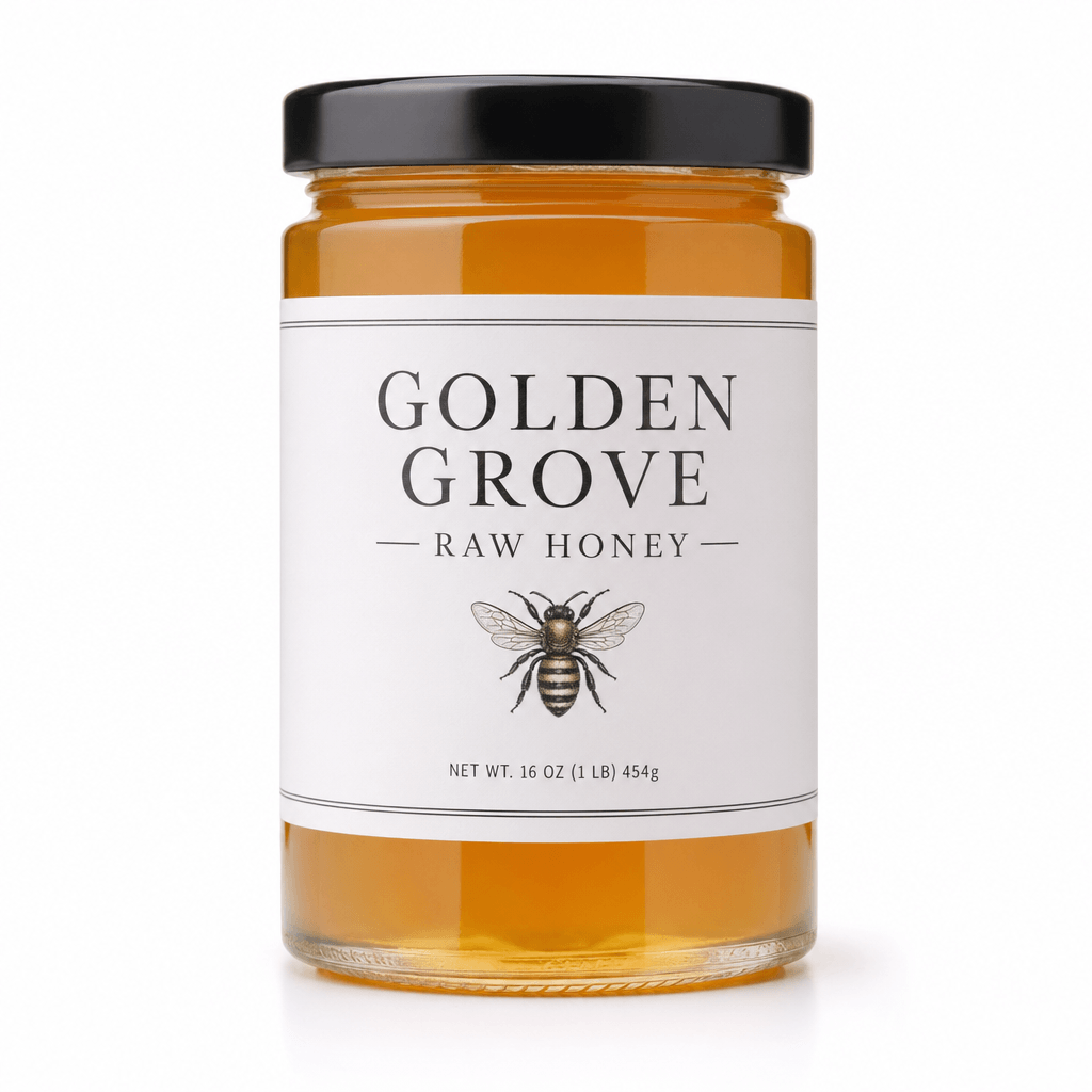 Photorealistic mockup of a Golden Grove raw honey jar with detailed typography and bee illustration, generated by GPT-Image-2.