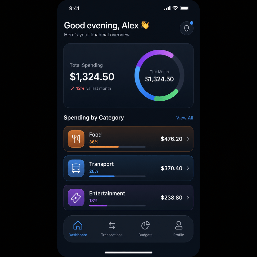 Dark-themed mobile finance app screen with a spending overview, donut chart and category list, generated by GPT-Image-2.